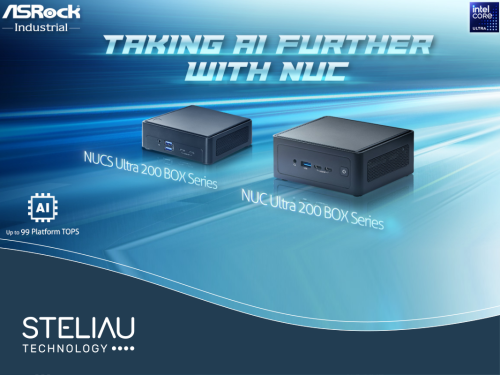 Image of two models of the NUC Ultra 200 Box series in a bluish beam of light. The one on the left is low profile, the one on the right is high profile.