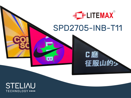 it shows 3 triangle displays with bright colours, the logo of brand Litemax and the name of the model SPD2705-INB-T11