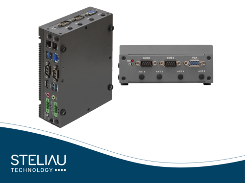 Product image Fanless Industrial IoT Controller with Intel® Core Ultra, Arc graphics, AI NPU, industrial connectors, wide-range DC and PoE support, ideal for edge computing.