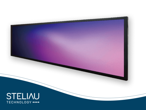 Ultra-wide 58.5" TFT LCD, 3840x1080 resolution, 1200 nits brightness, sunlight readable, LED backlight, low power, durable 100,000h lifespan.